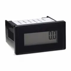 Front panel mounting digital hour meter with high-contrast LCD reflective display, seven icons, three Redi-Alerts, and a dry-contact switch. NEMA 4 rated and UL listed. Suitable for tracking equipment runtime in industrial environments.