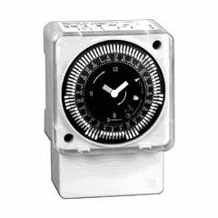SPDT timer switch for DIN rail mounting, operating at 120V AC with a mechanical 7-day dial. Provides up to 48 on/off cycles per week. Suitable for scheduling lighting, HVAC, and other industrial control loads in panel applications.