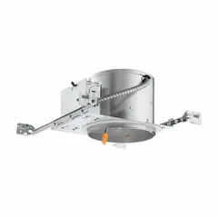 New construction recessed LED downlight housing with a 6-inch diameter aperture. Operates on 120V AC and is non-dimmable. Designed for installation in ceilings during new building projects.