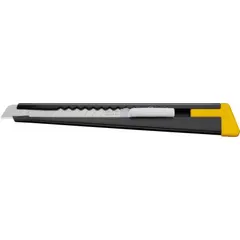 This 9mm snap-off knife features a plain straight blade with 13 segments, allowing users to break off dull sections for a fresh cutting edge. The black metal body provides a sturdy grip. Suitable for cutting cardboard, drywall, plastic sheeting, and other common materials in packaging, construction, and maintenance tasks.