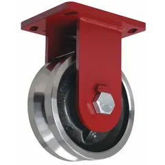 Rigid plate caster with a V-groove track wheel for guided movement on steel or concrete surfaces. Wheel diameter 8 in, wheel width 4 in, mounting height 10 1/2 in. Steel wheel construction. Commonly used on automated guided vehicles, transfer cars, and heavy-duty carts following fixed tracks in industrial material handling.