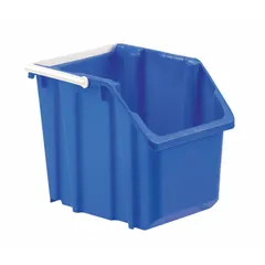 Blue plastic stacking and nesting tote with 40 lb load capacity. Measures 11 5/8 x 14 7/8 x 12 1/2 inches. Used for organizing, transporting, and storing parts and small items in industrial environments such as warehouses and distribution centers. Stacking and nesting design saves space when not in use.