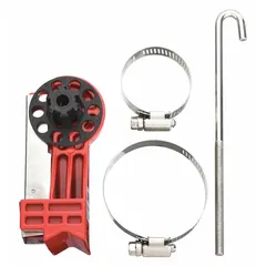 This permanent-mount lockout device is designed for quarter-turn handle valves. It fits pipe sizes from 2 in to 4 in. Used in lockout/tagout procedures to secure valves and prevent accidental operation during maintenance.