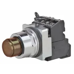 Momentary-action illuminated push button with extended profile for prominent actuator visibility. Non-metallic construction, 30 mm mounting size, and 1NO/1NC contact configuration. Suitable for industrial control panels and automation systems requiring momentary signaling.