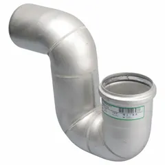 Stainless steel P-trap with 4 in nominal pipe size and 11 3/8 in overall length. Unfinished silver finish. No cleanout included. Used in drainage systems to prevent sewer gas entry while allowing wastewater flow.