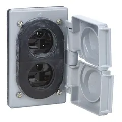 General purpose duplex receptacle rated 20 A at 250V AC with NEMA 6-20 configuration. Gray finish. Suitable for indoor or outdoor power distribution in commercial and industrial settings.