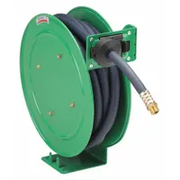Spring Return Hose Reel: 35 ft (1/2 in I.D.), 1/2 in MNPT, 300 psi Max Op Pressure, Brass, Green