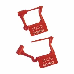 Red plastic hasp padlock seals with sequential numbering and white 'Sealed' marking. Each seal has an 8 lb breaking strength and 1 53/100 in lock length. Supplied in packs of 1,000. Used to secure and indicate tampering on containers, meters, and cabinets.