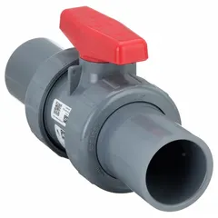 This SPEARS CPVC ball valve features a straight, socket x socket configuration for solvent-cement joining. It is equipped with a tee handle and rated for a maximum pressure of 235 psi (CWP). Suitable for on/off flow control in corrosion-resistant piping systems.