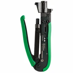 This compression tool is designed for installing F Short Connectors on RG59 and RG6 coaxial cables. It features a standard cushion grip for comfortable use and has an overall length of 6 3/4 inches. Commonly used in telecommunications and cable installations for secure terminations.