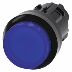 Momentary illuminated extended-length push-button operator with a blue non-metallic actuator. Designed for 22 mm panel mounting, this operator is used in industrial control panels and machinery for signaling or initiating actions.
