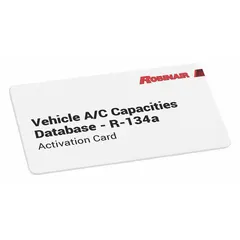 Plastic database card measuring 5-1/2 inches for updating vehicle specifications on compatible R-134A Connected A/C Machines. Includes a software update card. Used in automotive HVAC service to ensure accurate refrigerant data.