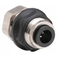 Nickel-plated brass push-to-connect fitting with 1/4 in OD tube connection and 1/8 in FNPT thread. Silver finish. Suitable for pneumatic systems, instrumentation, and fluid handling applications. Sold in a 10-pack