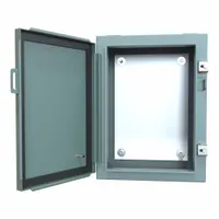 This steel enclosure is rated NEMA 12/13 for protection against dust, dirt, and non-corrosive liquids. It measures 16 x 12 x 6 inches and includes a panel with a solid hinged cover secured by clamps. Knockouts are not included. Typical applications include housing electrical controls and instruments in industrial environments