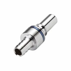 This chrome-plated brass quick-disconnect tube fitting features a Cool Blue finish and a 3/8 in ID barbed end for tubing connection, with a quick-disconnect coupler on the opposite end. It is used for fluid transfer in pneumatic, hydraulic, or cooling systems, enabling fast line changes.