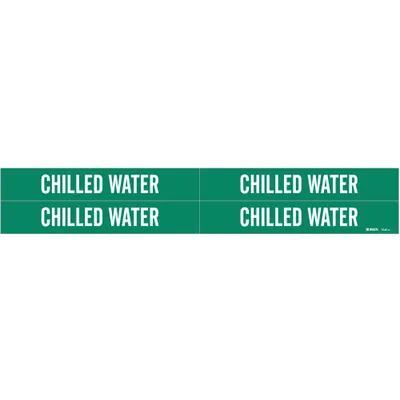 BRADY Pipe Marker: Chilled Water, Green, White, Fits 3/4 to 2 3/8 in Pipe O.D. - Chilled Water Adhesive Pipe Markers