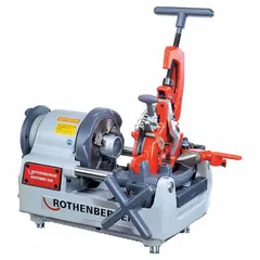 Portable pipe threading machine for on-site threading of pipes from 1/2 in to 2 in. Powered by a 1 hp motor. Includes a reamer for preparing pipe ends. Suitable for plumbing, HVAC, and industrial piping applications.