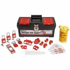Portable lockout tagout kit for electrical equipment up to 600V. Includes (2) 1-inch steel lockout hasps and (1) wall switch lockout device. Stored in a polypropylene toolbox case for transport between jobsites. Keyed different; filled kit.