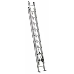 The LOUISVILLE LADDER AE2220 is a 20 ft aluminum extension ladder with a fixed fly, rated for 300 lb load capacity and weighing 37 lb. Its silver finish and lightweight construction make it suitable for industrial and commercial access tasks such as building maintenance, electrical work, and warehouse access.