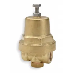 This brass pressure regulator reduces and stabilizes inlet pressure to a set outlet range of 10 psig to 50 psig. It features 3/8 in FNPTF x FNPTF connections and is rated for a maximum operating temperature of 180°F. Suitable for water, air, and light industrial fluid systems requiring precise downstream pressure control.