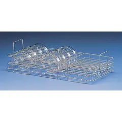 This stainless steel insert is designed to hold petri dishes securely within glassware washer racks during automated cleaning cycles. It measures 5 7/8 inches in overall height and is intended for use in laboratory glassware washers.