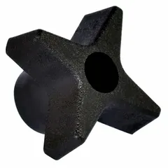 This 4-arm knob features a threaded through-hole with M6 thread and a 45 mm diameter. The plastic body with steel/zinc insert provides corrosion resistance. Used for manual adjustment and clamping in jigs, fixtures, and machinery.