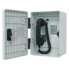 Intrinsically safe telephone for outdoor commercial use in hazardous environments. Features a non-sparking design, corrosion-resistant plastic enclosure, and a proximity-detecting hook switch with no moving parts. Includes a Braille metallic keypad, volume control, and Hytrel cord. Operates on PSTN network protocol.