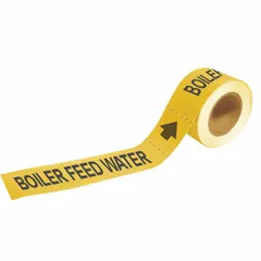 Yellow adhesive pipe marker with black legend reading 'Boiler Feed Water' and directional arrows. Designed for pipe outer diameters of 1-1/2 to 2 inches. Supplied in a roll of 25 markers for identification of boiler feed water lines in industrial piping systems.