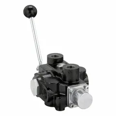 This manual spool monoblock valve is a four-way, three-position directional control valve with an open-center design and spring return to neutral. It features a single spool and NPT ports. Suitable for controlling the direction of hydraulic fluid in mobile or industrial equipment such as loaders, tractors, and agricultural machinery.