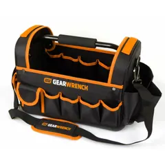 Polyester tool tote in black with orange accents, measuring 8 1/4 inches wide by 16 inches deep by 11 inches high. Features 20 pockets for organizing hand tools and accessories. Suitable for carrying tools in industrial, automotive, and maintenance settings.