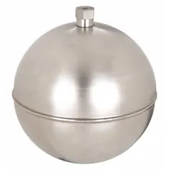 Stainless steel float ball with 3/8 in IPS external thread. Used in fluid-level sensing applications where the float is mounted on a rod or stem inside a tank, rising and falling with liquid level to actuate a switch or sensor.