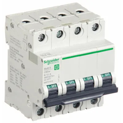 SCHNEIDER Supplementary Protector: 13 A Amps, 14kA at 240V AC, Screw Clamp - B-Curve, 4-Pole UL1077 DIN Rail-Mount Supplementary Protectors