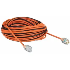 This 100-foot outdoor extension cord features a NEMA 5-15P plug and a single outlet, constructed with 14/3 SJTW cable. Rated for temperatures from -40° to 167°F, it is suited for temporary power distribution in outdoor environments such as construction sites and landscaping.