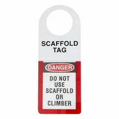 Rectangular polyester safety tag with green, red, white, and yellow color scheme. Measures 4 1/2 inches wide by 12 inches high. Suitable for indoor and outdoor use. Commonly used to mark hazardous equipment or areas in industrial facilities, supporting lockout/tagout procedures and general safety warnings.