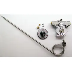 Gas cooking thermostat for LP fuel with a dial range of 200°F to 400°F. Features a 48-inch capillary, 1/4-inch tubing, and a 1/4-inch bulb diameter. Designed as an OEM replacement for Uni-Line Series 700-800 controls. Suitable for regulating oven or range temperatures in commercial cooking equipment.