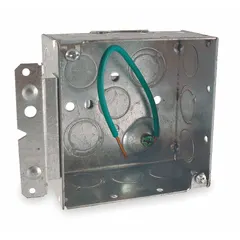 Steel 4" x 4" square electrical box with 2-gang capacity. Narrow bracket style with tabs for mounting. No clamps included. Suitable for junction boxes or device boxes in commercial and industrial wiring applications.