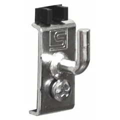 Steel single hook for square-hole pegboards with a screw-in locking system and surface mounting. Zinc-plated silver finish. Includes bolts. Pack of 5. Used to hang tools, parts, or light equipment in workshops, garages, and retail displays.
