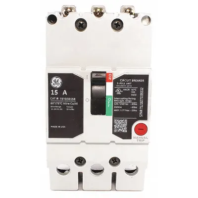GE Molded Case Circuit Breaker: 15 A Amps, 25kA at 277/480V AC, Fixed, Lug - TEY-Frame GE Molded Case Circuit Breakers