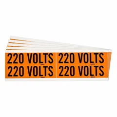 Self-stick vinyl markers for identifying 220-volt circuits on conduit or electrical panels. Each label measures 4 1/8 in wide by 1 1/8 in high with a clear '220 Volts' legend. Supplied as a 5-pack for use in industrial, commercial, and utility settings.