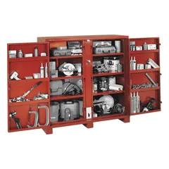 This CRESCENT JOBOX jobsite cabinet provides 58.7 cu ft of storage capacity for tools and equipment. It measures 30 1/4 in W x 60 1/8 in D x 60 3/4 in H and features a padlock hasp for securing contents (lock not included). The brown finish is suited for use on construction and industrial job sites.