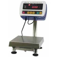 The A&D WEIGHING SW-60KL is a food scale with a 20 7/8-inch weighing surface depth and 15 3/8-inch width, featuring an LED display. It offers a readability of 0.02 lb/0.01 kg and an IP69K rating for washdown resistance, with an RS-232C connection port for data communication. Suitable for precise food weighing in commercial kitchens and food processing environments.