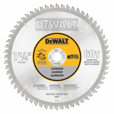 DEWALT Circular Saw Blade: 7 1/4 in Blade Dia., 60 Teeth, 0.08 in Cut Wd, 5/8 in Arbor Size - Aluminum & Soft Metal-Cutting Blades