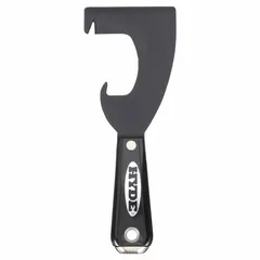 This standard painter's multi-tool features a carbon steel blade with a 4-1/2 in length and 3 in width, paired with a plastic handle. It is used for scraping paint, opening paint cans, cleaning rollers, and spreading spackle in general painting and surface preparation tasks.