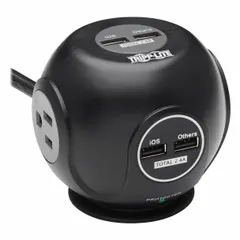 Desktop surge protector with three outlets and a 6 ft cord. Rated at 540 J and 4.8 A, compliant with UL 1363 and UL 1449. Suitable for powering and protecting small electronics, computers, and peripherals in home or office workstations.