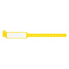 Plastic security wristband in yellow, supplied in packs of 500. Each wristband measures 11 1/2 inches in overall length and 1 3/8 inches in overall width. Commonly used for access control, patient identification, and temporary visitor tagging in event, healthcare, and industrial settings.