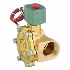 This REDHAT solenoid valve is a 2-way, 2-position normally closed type with a 1-1/2 inch pipe size. It operates on 24V DC and features a watertight coil enclosure. Designed for high-flow applications, it is suitable for on/off control of liquids or gases in industrial fluid systems.