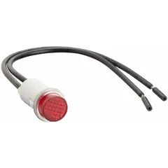 Red neon indicator pilot light with a 12 mm panel mounting hole diameter. Nylon construction with 6 in wire leads for electrical connection. Used as a visual status indicator on industrial control panels and machinery.