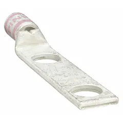 This two-hole compression lug is designed for terminating 1/0 AWG stranded copper wire. It features a standard copper barrel and a 1/4-inch stud size, with an inspection hole for verifying conductor insertion. Suitable for use in power distribution and grounding applications where a secure, low-resistance connection is required.