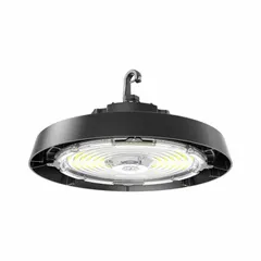 Round LED bay light for high-bay applications such as warehouses and factories. Operates on 120 to 277V AC, consumes 100W, and delivers 15,000 lumens. Selectable color temperature of 3500K, 4000K, or 5000K. Designed for mounting heights of 15 to 20 feet with wide distribution pattern. Replaces 750 to 1000W conventional fixtures.