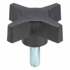 This 4-arm knob with threaded stud has a 2.46 in diameter plastic body and a steel thread with 3/8"-16 size. It is used for manual clamping, positioning, and adjustment on industrial machinery, jigs, and fixtures.